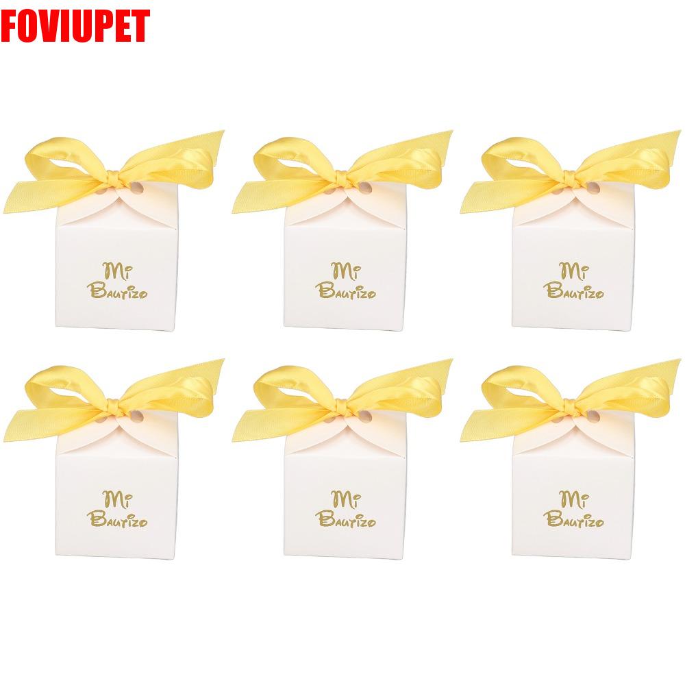 TUQIAO47503 50pcs ริบบิ้นสีทอง กล่องของขวัญสำหรับงานปาร์ตี้ วัสดุกระดาษ สีขาว กล่องของชำร่วยงานแต่งงาน ของตกแต่งงานปาร์ตี้ 2.6 x 2.6 x 2.6 นิ้ว กล่องขนม งานปาร์ตี้ ราคา 541 บาท*ส่งฟรี