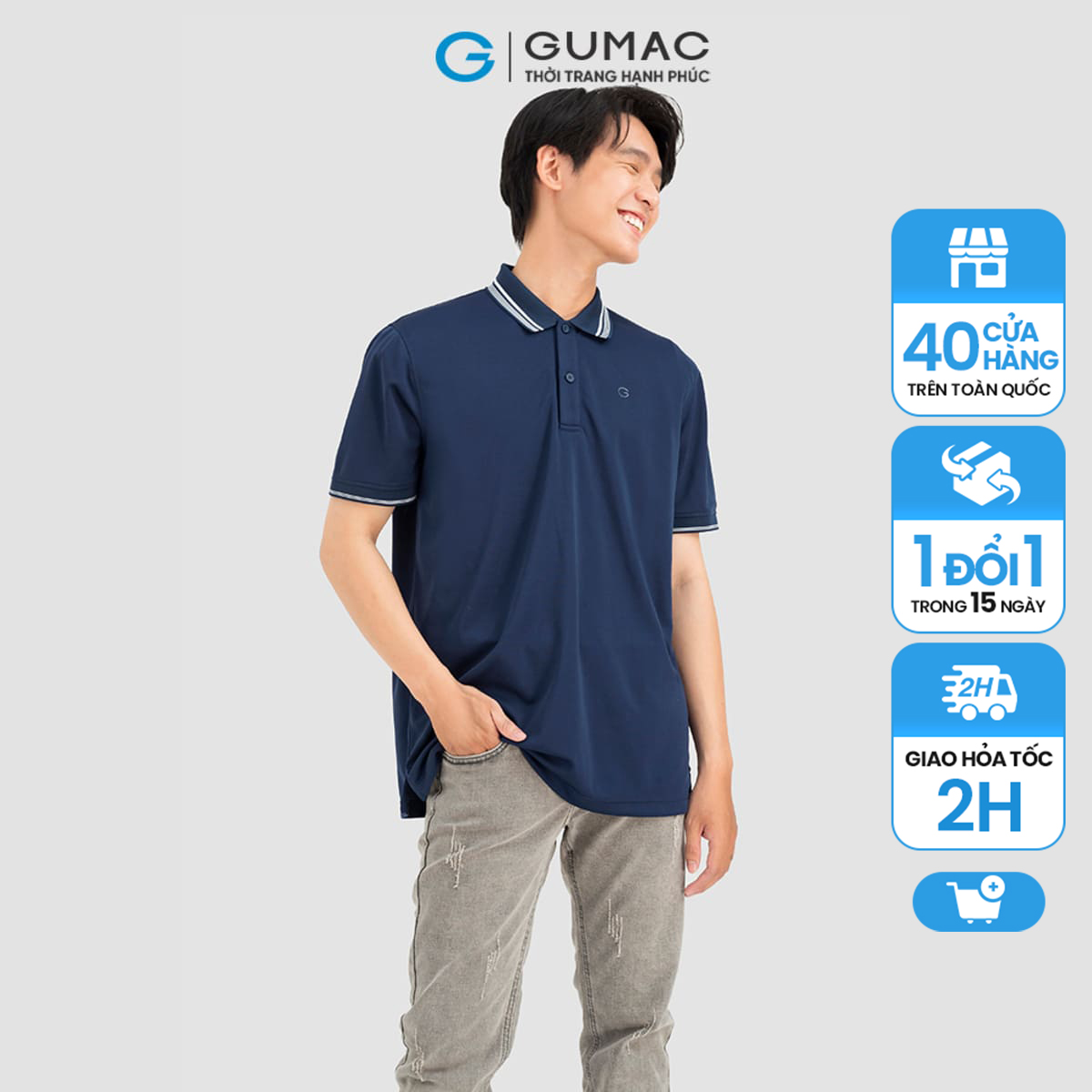 Áo polo nam gumac, áo polo nam 2 sọc atnc08007