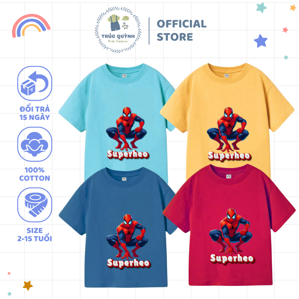 Áo thun cho bé Trúc Quỳnh Kids in hình spiderman size từ 12-52kg 100% cotton mềm mịn, mặc mát - MSP58