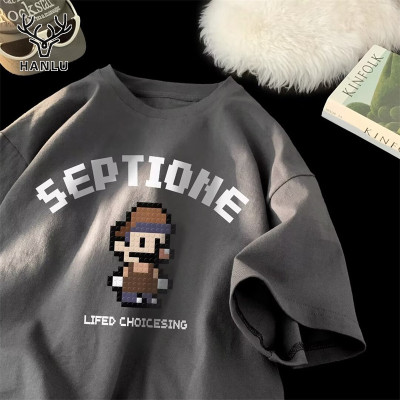 Hanlu áo thun cho nam Hoạt hình mùa hè T-Shirt thời trang tay ngắn giản dị thoải mái đơn giản