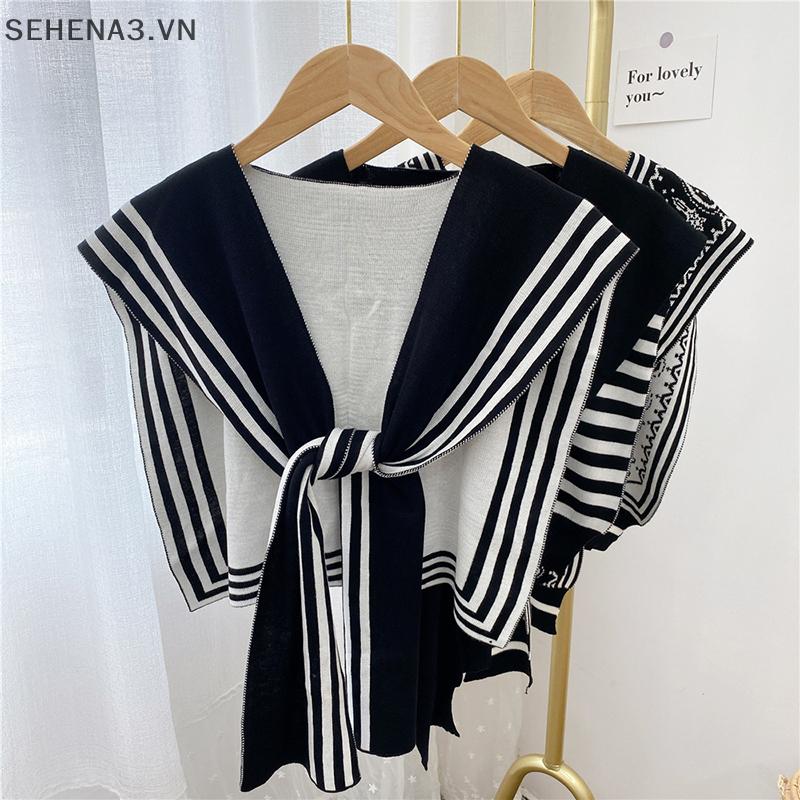  SEHVN Hàn Quốc Phong Cách Thời Trang Dệt Kim Khăn Choàng Áo Sơ Mi Vai Sọc Giả Cổ Áo Phong Cách Retro Khăn Phụ Kiện Nữ 