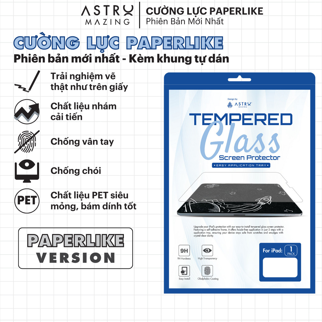 [Khung tự dán] Kính cường lực Paperlike iPad AstroMazing độ cứng 9H dành cho iPad Pro 11/13 Air 4/5/6 Gen 5/6/7/8/9