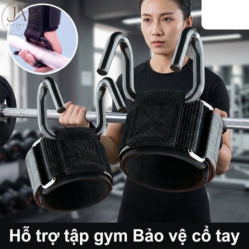 JACIRCLE Dây quấn cổ tay tập tạ gym wrist strap móc kim loại chống trượt thấm mồ hôi thoáng khí hỗ trợ kéo xà nâng tạ