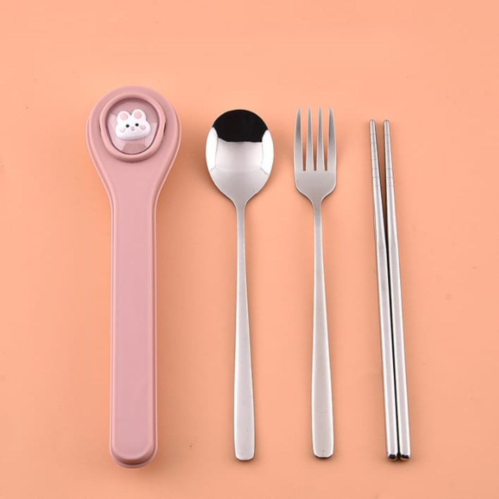 Set Sendok Garpu Sumpit Case Karakter / Alat Makan Anak Stainless Tahan Karat Serbaguna - FR GALLERY