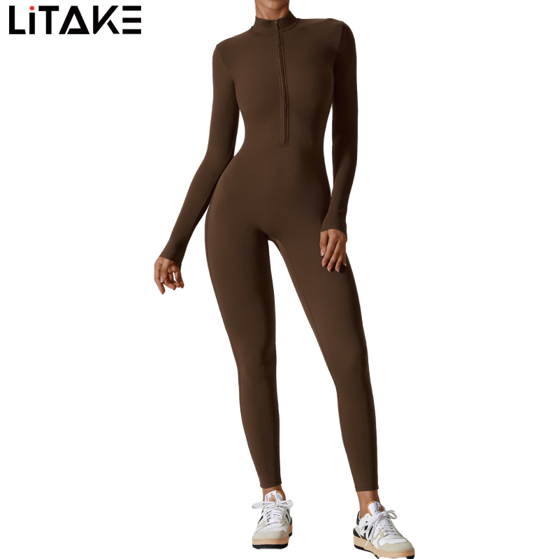 Women Yoga Jumpsuits Workout Ribbed Long Sleeve Pullover Full Bodysuits For Women Zip Front Sport Jumpsuits ราคา 610 บาท*ส่งฟรี