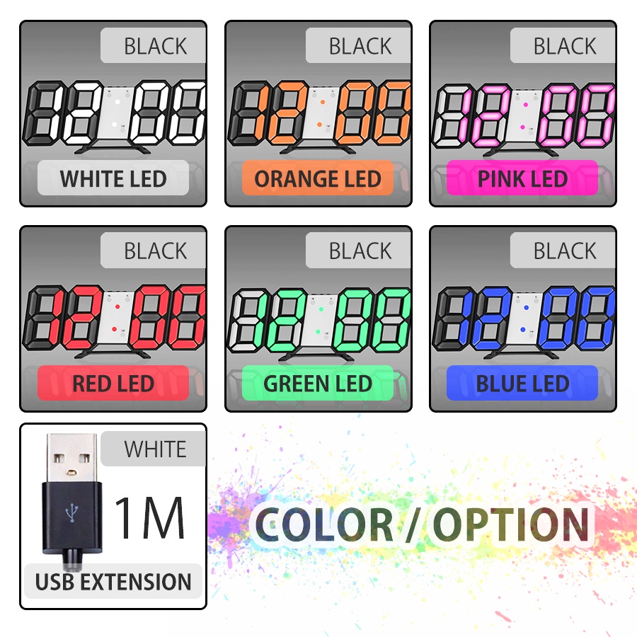 《 𝗙𝗥𝗘𝗘 𝗕𝗔𝗧𝗧𝗘𝗥𝗬 》 3D LED Digital Clock Alarm Wall Table Desk Temperature Night Mode Home Office Jam Meja Dinding 彩色时钟