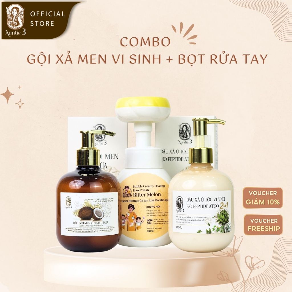 COMBO Dầu Gội Xả Men Vi Sinh + Bọt Rửa Tay Rau Má Khổ Qua AUTNIE 3 VIETNAM