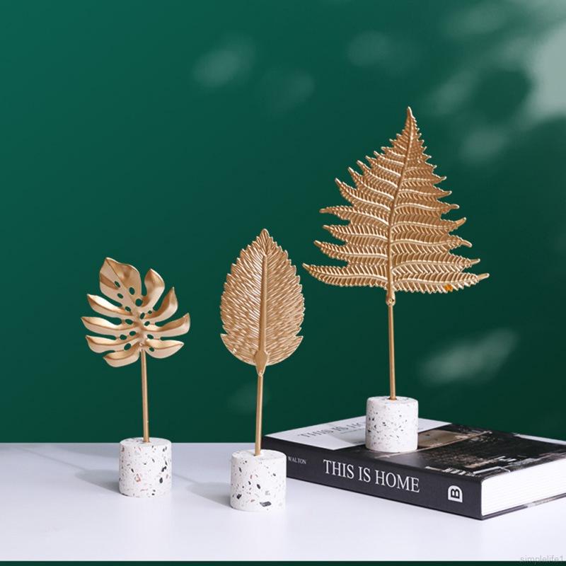 【Trending in Fashion】 Simple Life Golden Monstera Leaf Model TV Cabinet Decor Feather Leaf With Marble Base Console Desktop Decoration