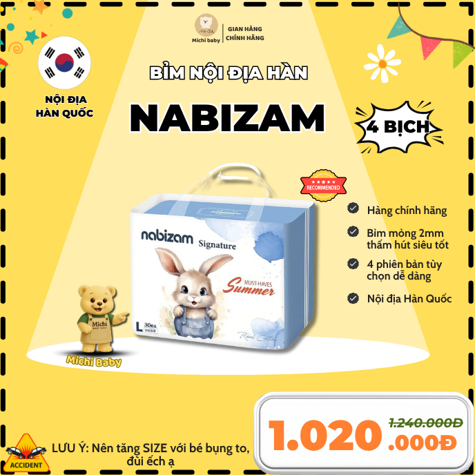 4 BỊCH BỈM- Nabizam Ultra Thin Nội Địa Hàn, Mềm Mại, Mỏng Nhẹ đủ size cho bé MC642