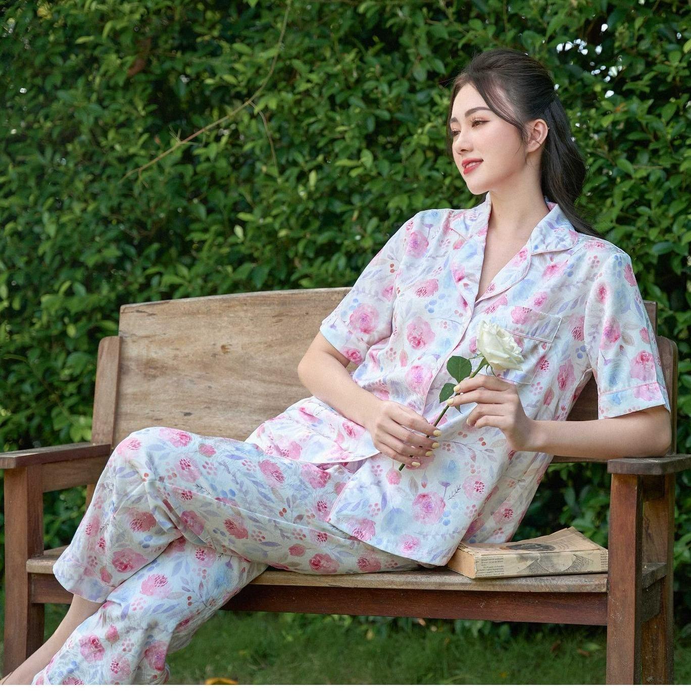 Vibes pijama dài lụa gấm rose long py set