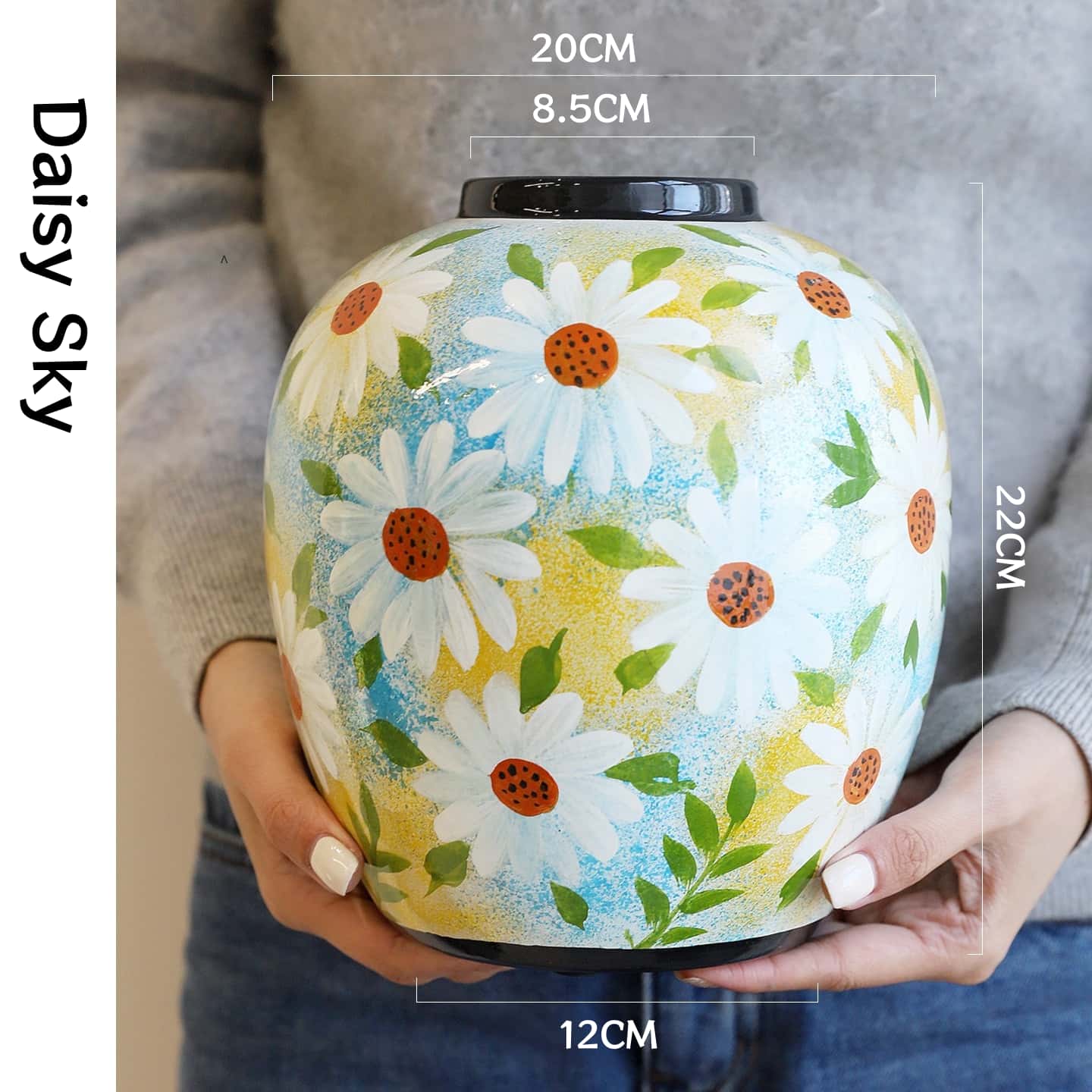 OMK Hand Painted Daisy Ceramic Vase Gradient Blue Yellow Textured Surface Round Belly Decorative Flower Vase for Fresh Dried Flower Living Room Table Ornament Gift