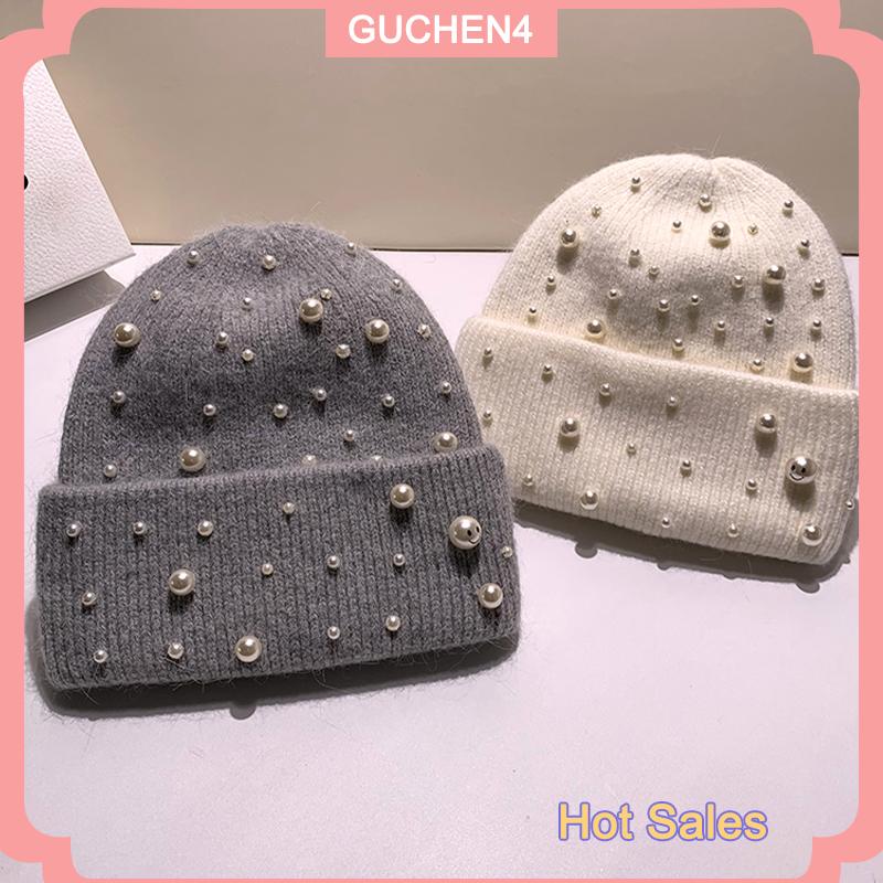GUCHEN4🎀 Mũ len ngọc trai hạng nặng mùa thu và mùa đông mới mũ dệt kim thời trang ngọc trai bảo vệ tai ấm áp
