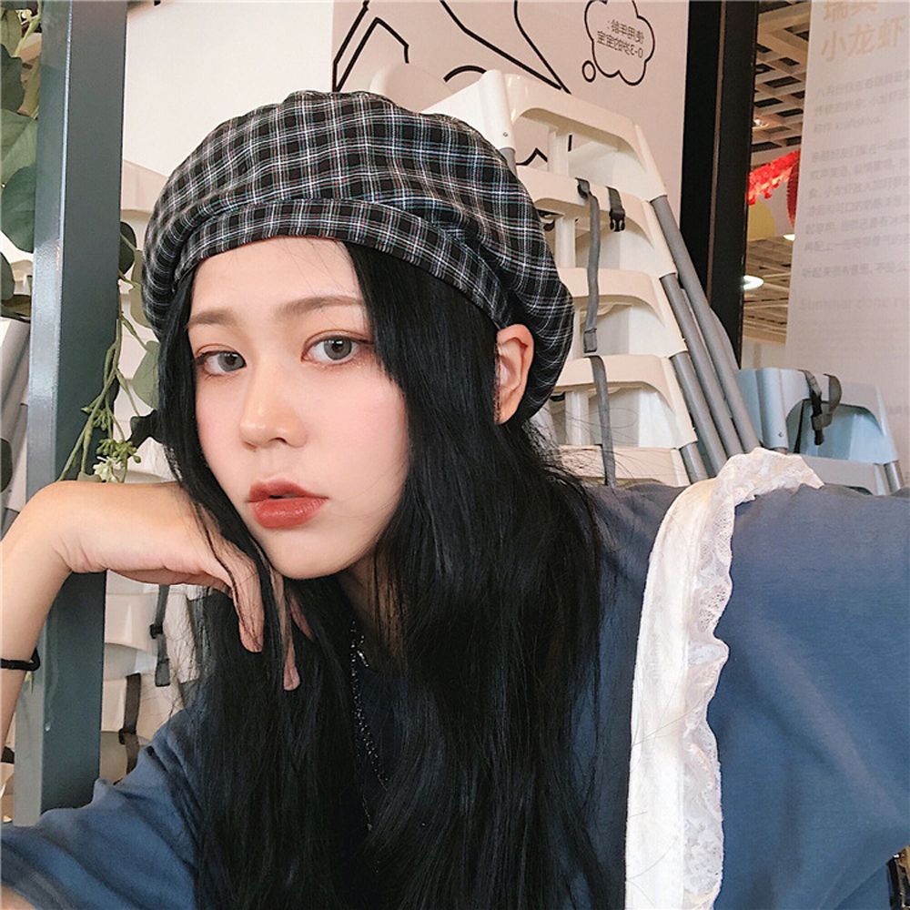 nón noel mũ nồi hàn quốc nữ mũ nồi sang chảnh mũ beret nữ phối đồ UREAN Punk Cổ điển Kẻ sọc Thanh lịch Thu Đông Dành cho bé gái Mũ nồi nữ có lưới Mũ họa sĩ Hàn Quốc Mũ Anh Kẻ caro