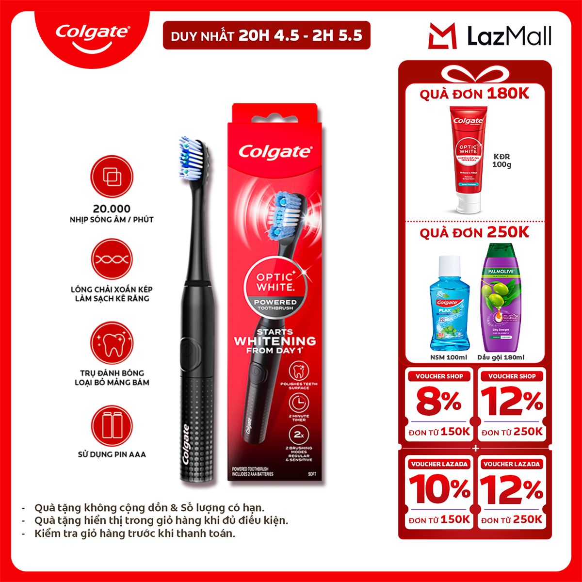 Bàn chải điện Colgate Optic White dùng pin, cho răng trắng sáng với công nghệ sóng âm