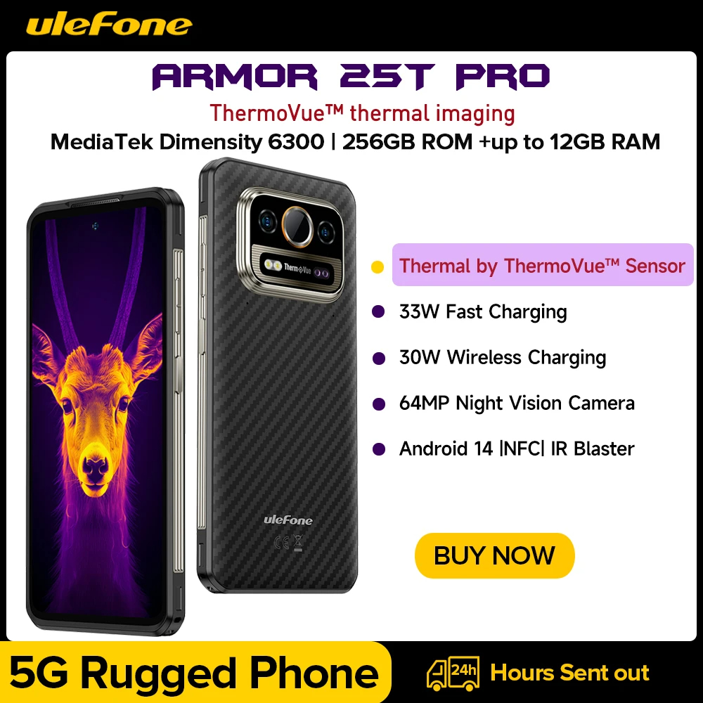 【Gift phone case】Ulefone Armor 25T Pro 5G Thermal Imaging Rugged Phone 33W 50MP+64MP NFC Waterproof Smartphone Android 14 ROM 256GB ราคา 11,500 บาท*ส่งฟรี