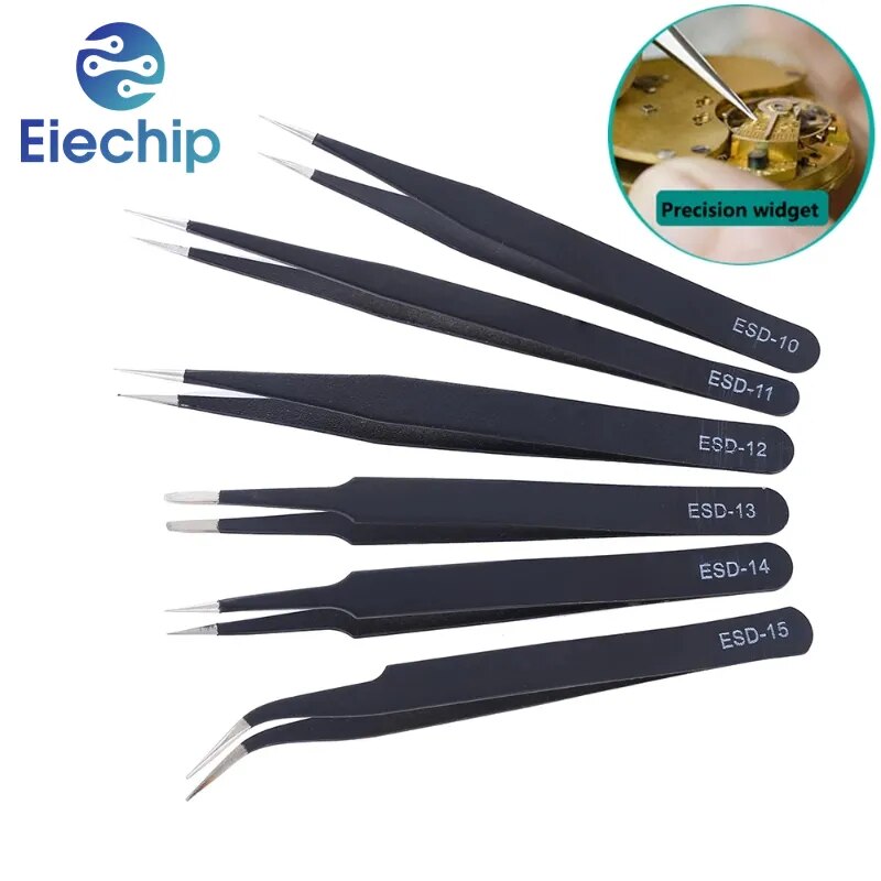 1PCS Antistatic ESD Tweezers Maintenance Tools Industrial Precision Curved Straight Tweezers Repair Tool Set