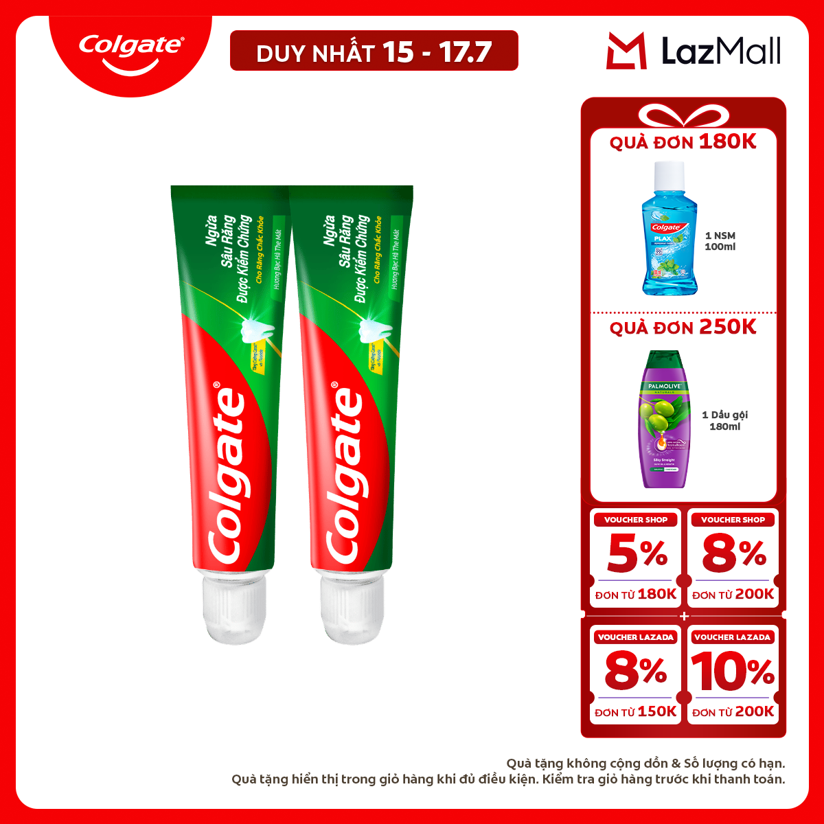 [Chỉ 15-17.7_X2 Voucher giảm đến 18%] [Travel Size] Bộ 2 Kem đánh răng Colgate ngừa sâu răng răng chắc khỏe 45g/tuýp