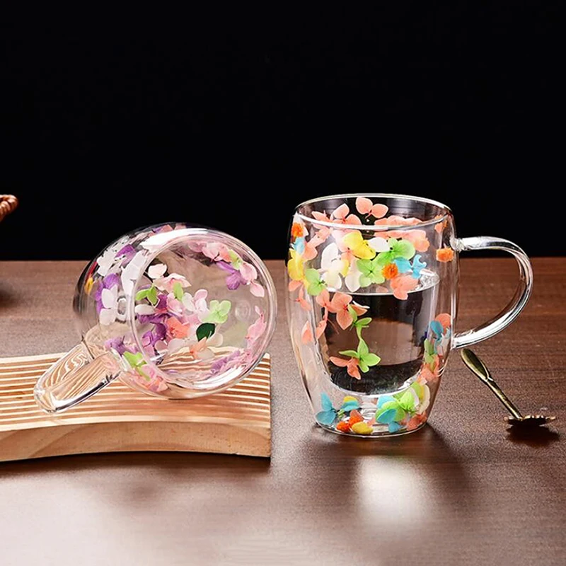 【Rear Waves】 Creative Double Wall Fillings Dry Flowers Double Wall Glass Cup With Handle Coffee Cups Espresso Mug