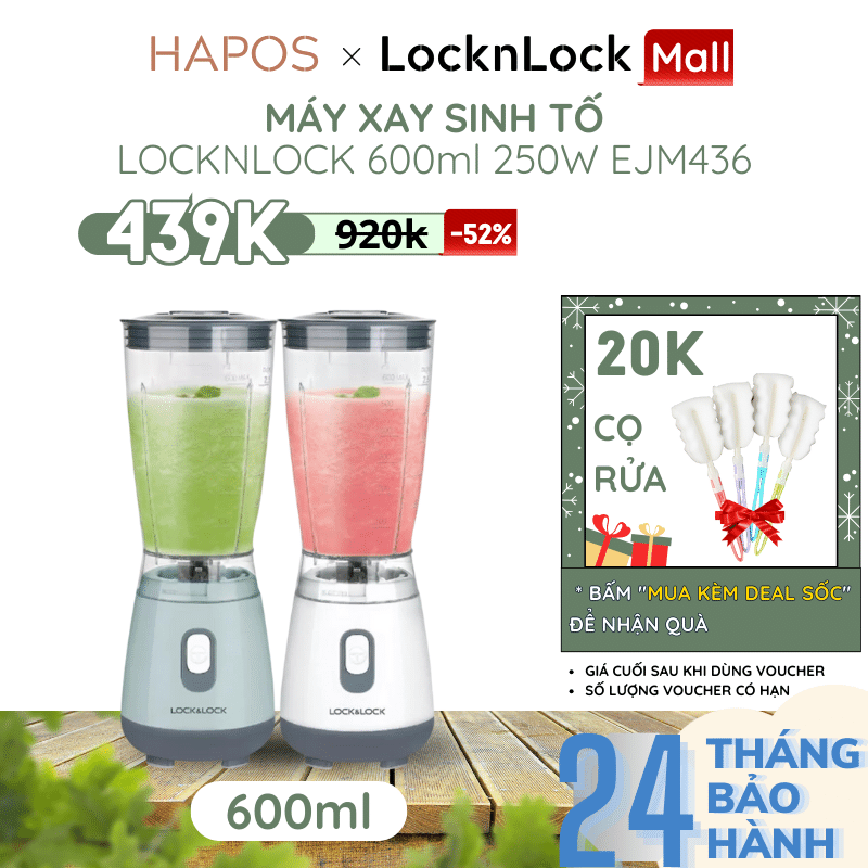 Máy xay sinh tố locknlock 600ml personal blender 250w thao tác 1 chạm, lưỡi xay sắc bén ejm436 - hapos