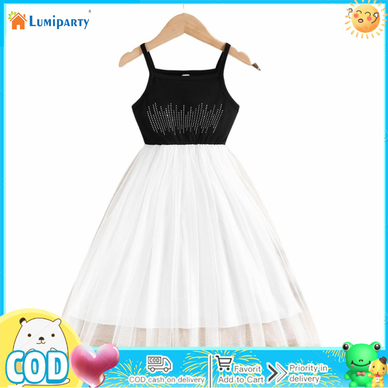 Girl's Sleeveless Wedding Dress Square Neck Tank Small Diamond Tulle Dress Summer A-line Vintage Dresses ราคา 211 บาท*ส่งฟรี