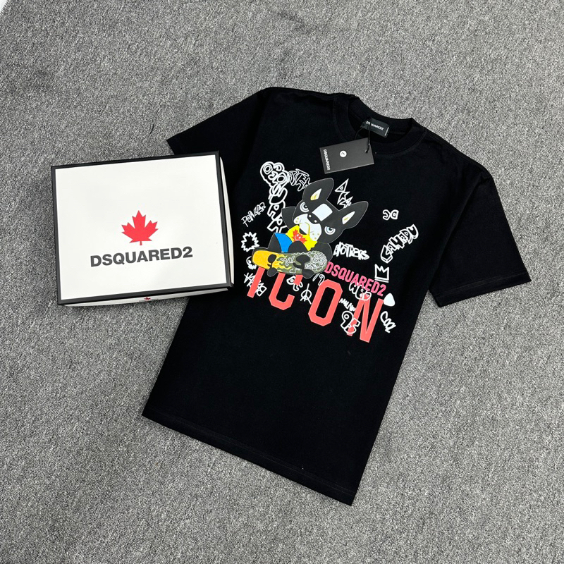 Áo thun dsq nam nữ trắng đen in hình cún,vải cotton mặc thoáng mát 2024