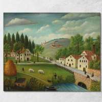 Art reproduction Pastoral landscape with stream fisherman and strollers Henri Rousseau hrs18 รูปติดผนัง ภาพที่มีชื่อเสียง ภาพพิมพ์รายละเอียดคมชัดเทียบเท่าพิพิธภัณฑ์ชั้นนำ ภาพผ้าใบขึงเฟรมไม้แท้ พร้อมแขวน ผลิตในประเทศไทย งานฝีมือคุณภาพอิตาลี