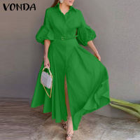 VONDA Womens Fashion Lapel Button Up Belted Puff Sleeves Solid Midi Dresses ( No Belt ) (Western Causal)