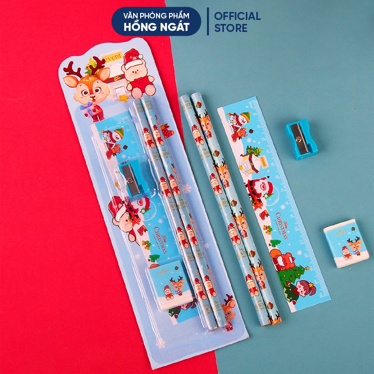Bộ dụng cụ học tập 5 chi tiết chủ đề giáng sinh đồ dùng học tập dễ thương cute giá rẻ làm quà noel c