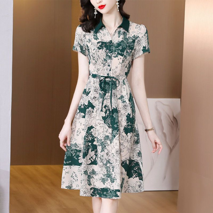 CHU MAN JIA   váy nữ váy hoa 2024 thời trang mới mùa hè in cổ áo váy chữ A phong cách ngắn tay thườn