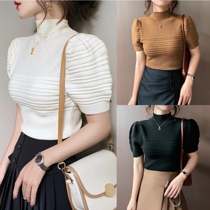 Áo len cộc tay bồng vân sóng