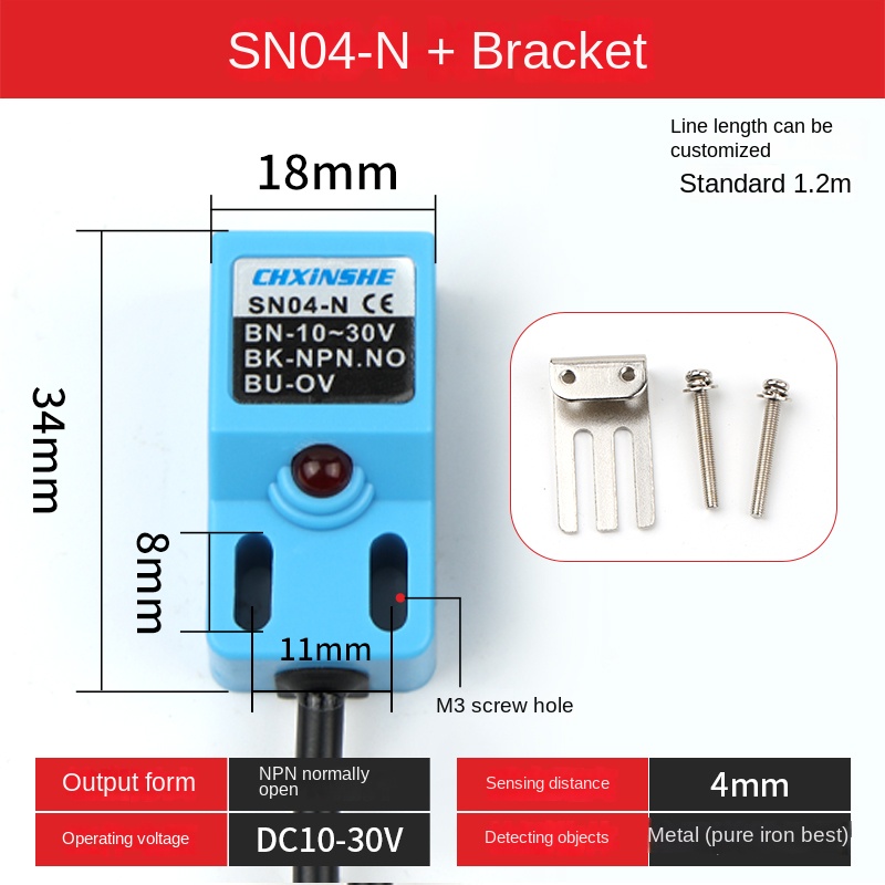 Cảm Biến Vuông SN04-N, NPN/PNP, 5-24V, 4mm - Phát Hiện Kim Loại Chính Xác, Đầu Ra Linh Hoạt, Kim Loại Bền Cho Tự Động Hóa - Bộ SN04-N NPN Thg Mở