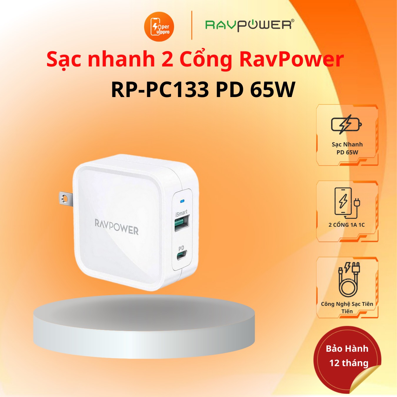 Củ sạc ravpower 2 cổng - 65w pd gan tech rp-pc133/rp-cpcn002 chân gập-bảo hành 12 tháng