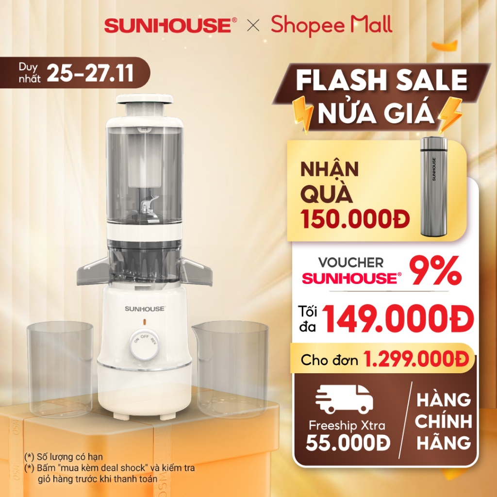 Máy ép chậm Sunhouse SHD5515 ép kiệt bã làm kem cực mịn giữ nguyên dưỡng chất |Lưỡi dao cắt mạnh 
