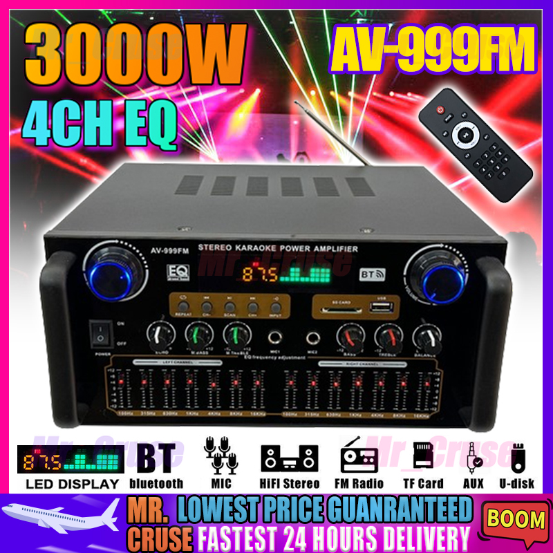 🇵🇭 3000W AV-999FM Bluetooth Stereo Amplifier 12V/220V 4CH With Mixer Equalizer HIFI Audio Amplifier FM Radio Car/Home Karaoke Player