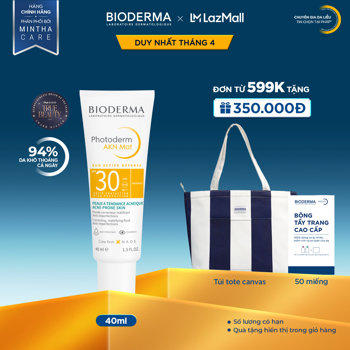 Kem chống nắng dành cho da hỗn hợp, da dầu và da mụn Bioderma Photoderm AKN Mat SPF30 - 40ml