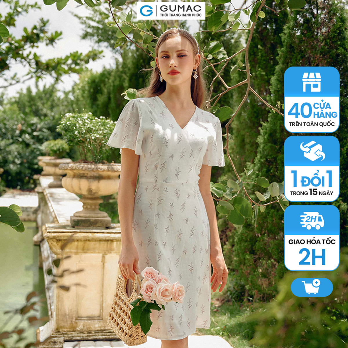 Đầm họa tiết gumac, đầm cổ tim xẻ tùng tay ngắn ld0915