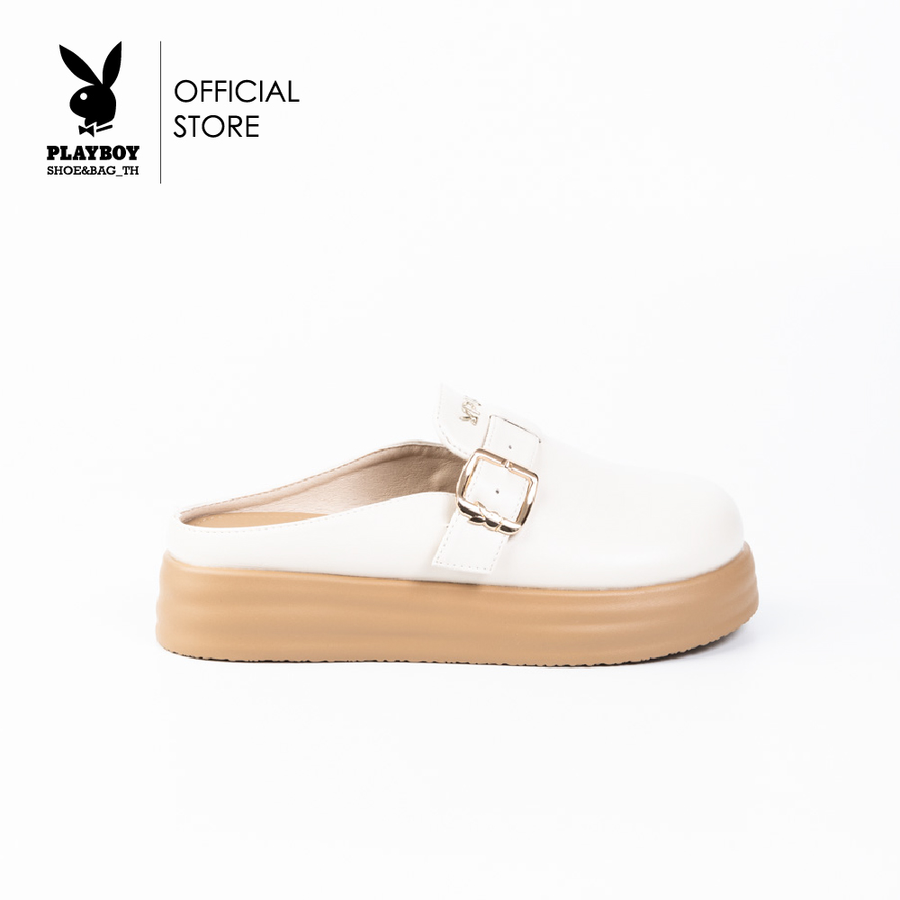 Playboy mule chunky heel ST-HS251C126 buckle mule design with logo 2 colors classic black and creamy white ราคา 1,345 บาท*ส่งฟรี