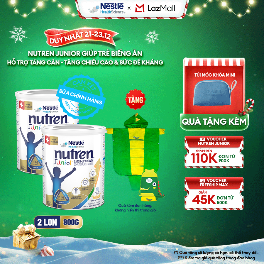   Tặng Quà  Bộ 2 Sữa Bột NESTLÉ NUTREN JUNIOR Xuất Xứ Thụy Sĩ Công Thức BIG Hỗ Trợ Tăng Trưởng Thể Chất,Trí Não,Đề Kháng Cho Bé 800G 