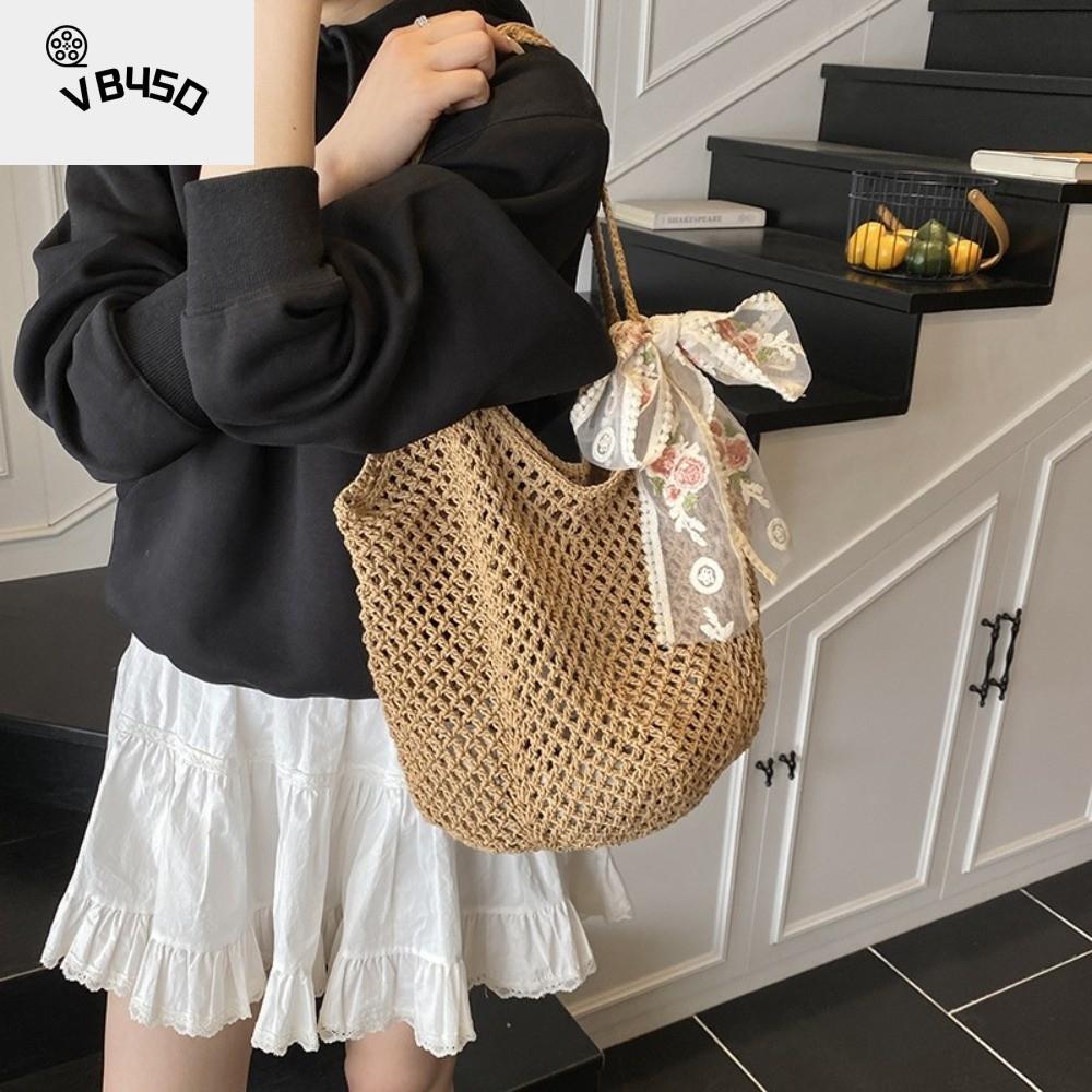 VB45D Dung lượng lớn Túi đeo vai đan móc dành cho nữ Rỗng Màu đơn sắc Túi xách dệt Thanh lịch với nơ ruy băng Túi Tote móc len Nữ