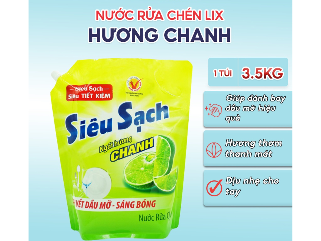 Nước rửa chén Lix siêu sạch hương chanh/trà xanh túi 3,5kg