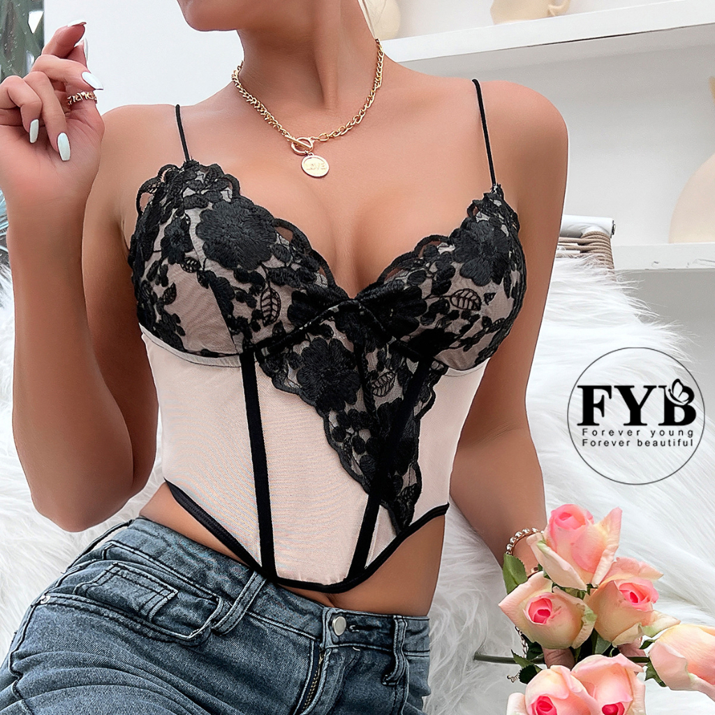 Áo corset croptop bra 2 dây họa tiết ren đan xéo phá cách