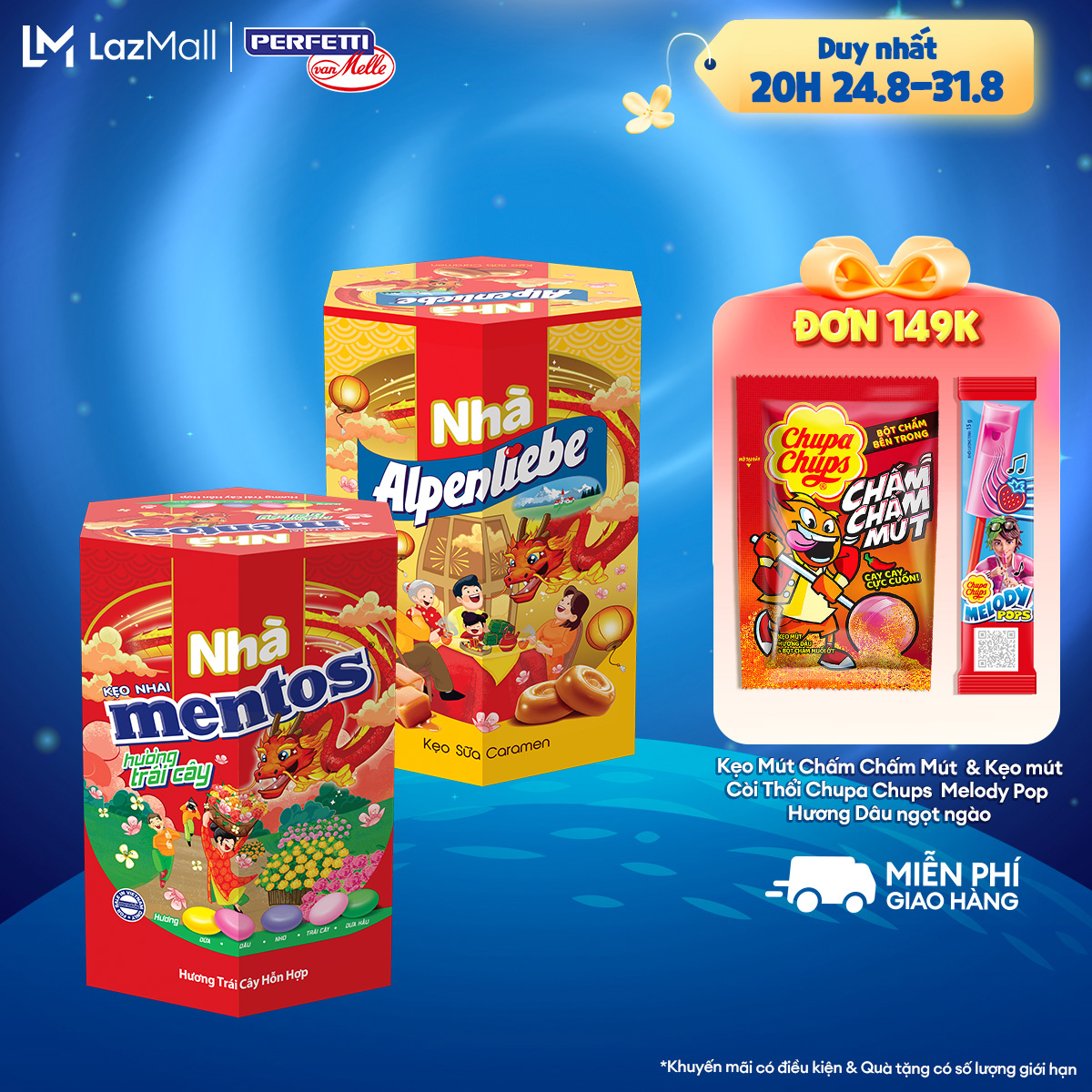 Hộp Lục Giác Kẹo Tết - Kẹo Alpenliebe, Mentos, Golia Hương sữa caramen, trái cây hỗn hợp, hương chanh gừng