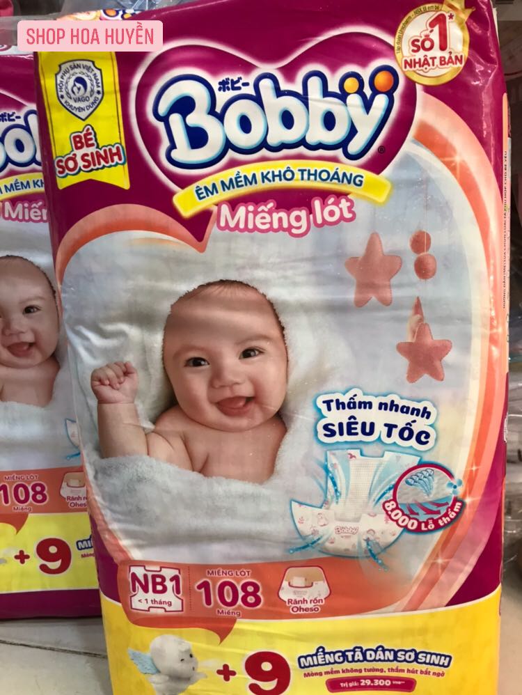 Tả Bỉm Miếng lót BOBBY NB1 108 Miếng - Tả Lót NB2 60 Miếng tặng kèm 9