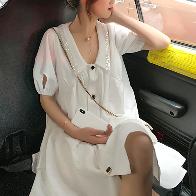 Mùa Hè Big Size Mm Chất Béo Đầm Nữ Kiểu Pháp Thích Hợp Váy Sơ Mi Kiểu Lửng Khí Chất Thần Fan Hâm Mộ Tay Bồng Tiên Khí