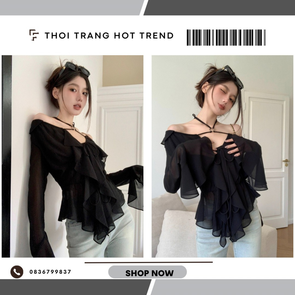 Aó nữ thiết kế phối khoen tay loe siêu sang chảnh