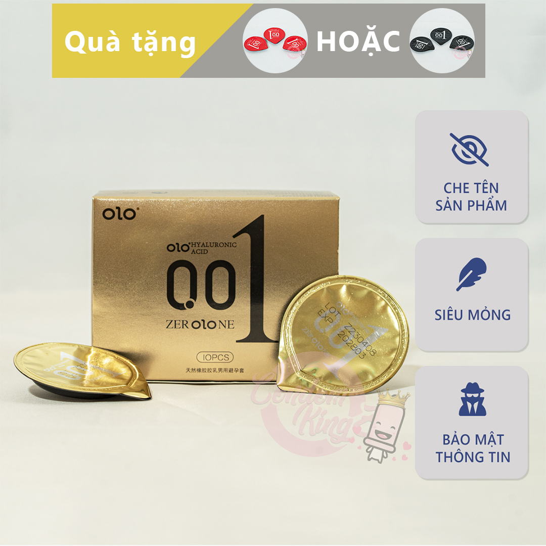 Bao Cao Su OLO Vàng Jelly Gold 001 Siêu Mỏng, Nhiều Gel, Gân Gai Bó Sát (Hộp 10 chiếc) - Che tên sản phẩm + Quà tặng kèm
