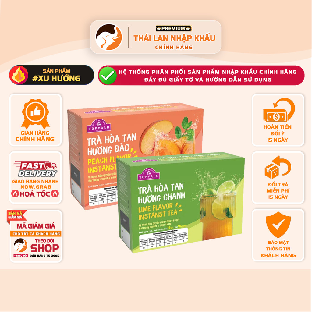 [2 HỘP] Trà Hòa Tan Topvalu Hương Chanh / Đào 176G – Trà Chanh  / Trà Đào Gói Nhỏ Tiện Lợi, Dễ Pha, Giải Khát Nhanh