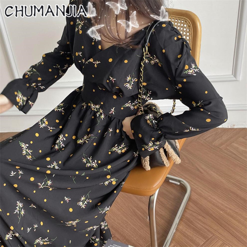 Chu Man Jia Váy Hoa Váy đuôi cá tay ngắn cổ chữ V voan cho nữ
