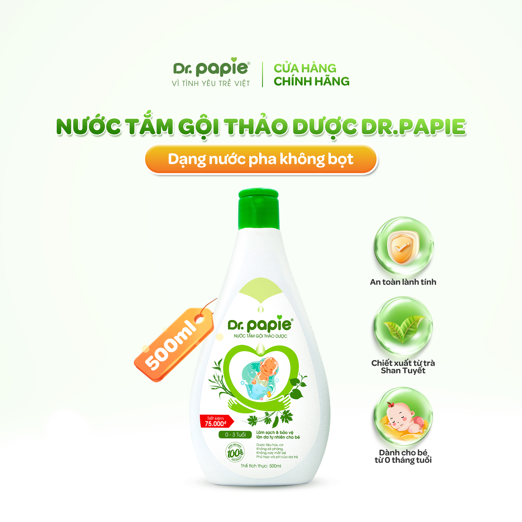 Nước Tắm Thảo Dược Dr Papie Giúp Giảm Mẩn Ngứa Và Rôm Sảy, Hỗ Trợ Làm Sạch, Mát Da Bé - Chai 500ml