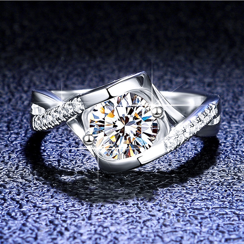 kim cương Moissanite (5-6,5mm) Nhẫn nữ 925 bạc D màu Mosan khoan 0,5-1ct có thể được phát hiện bằng bút kim cương với chứng chỉ GRA hôn thiên thần cánh tay